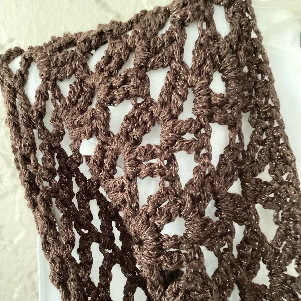 Scarf Triangle Cowl Shawl Hand Crafted Brown Gold Glitter Crochet Overlay - Picture 7 of 16